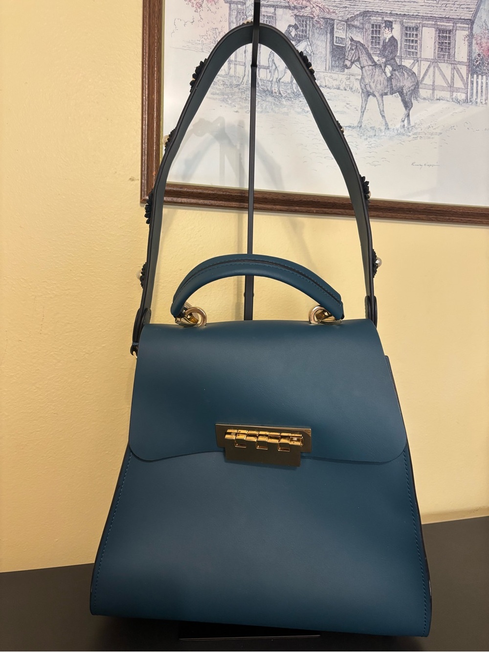 Zac Posen Deep Teal Structured Top-Handle Satchel with Gold Hardware
